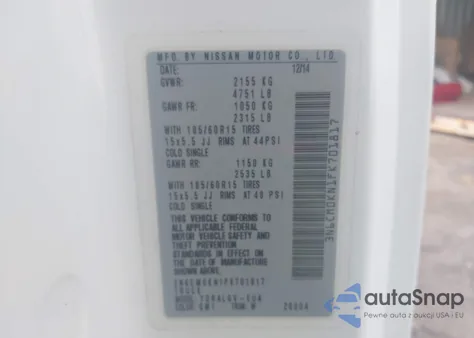 2015 Nissan Nv200 Sv z USA, uszkodzony, nr VIN 3N6CM0KN1FK701817